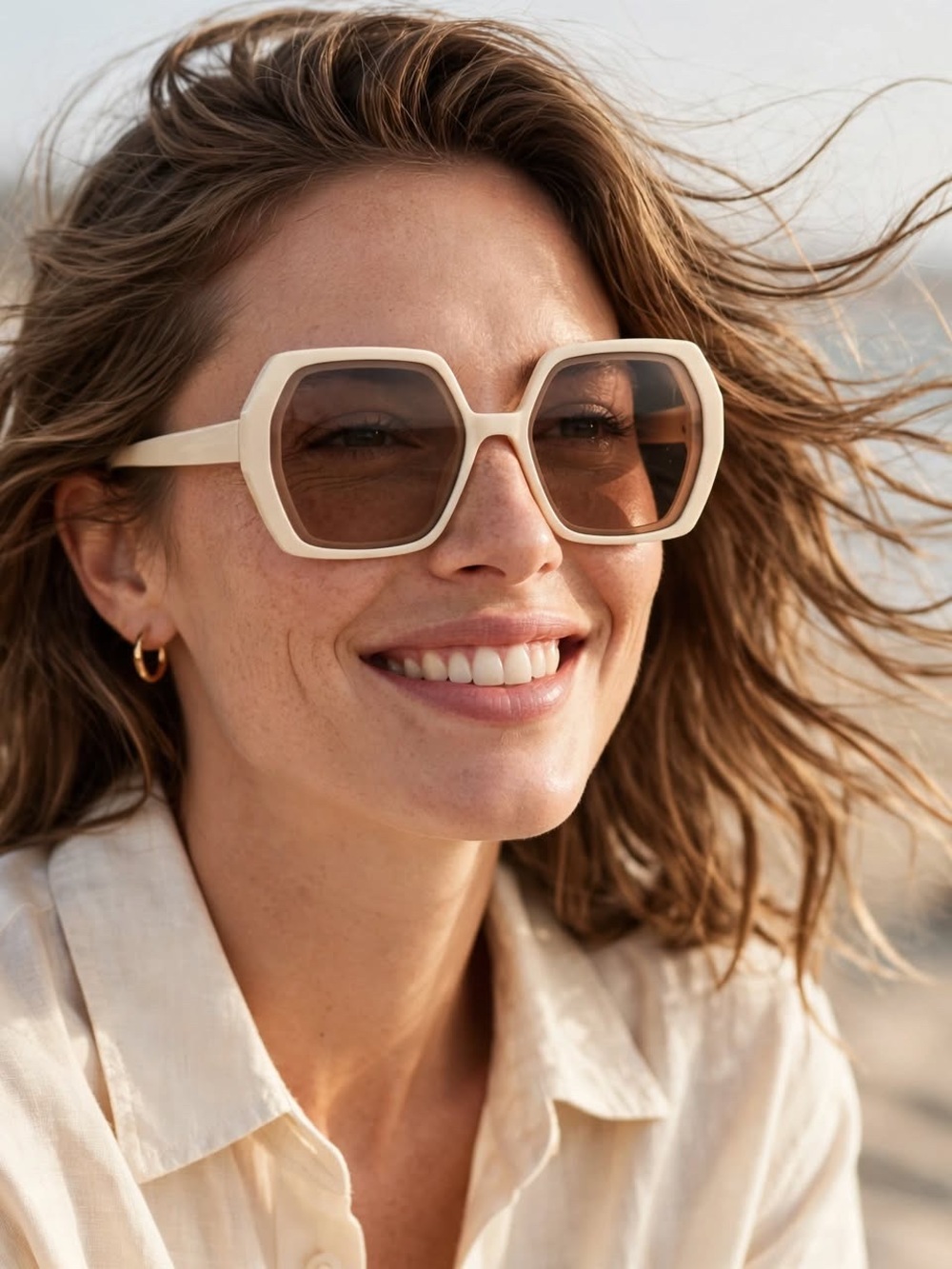 Women’s Cream Oversized Geometric Sunglasses